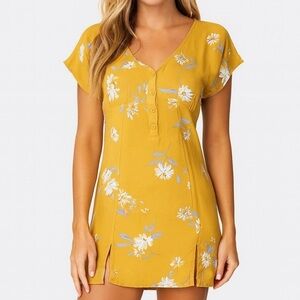 Clockhouse dress mustard yellow mini floral print cap sleeve sun summer SZ M